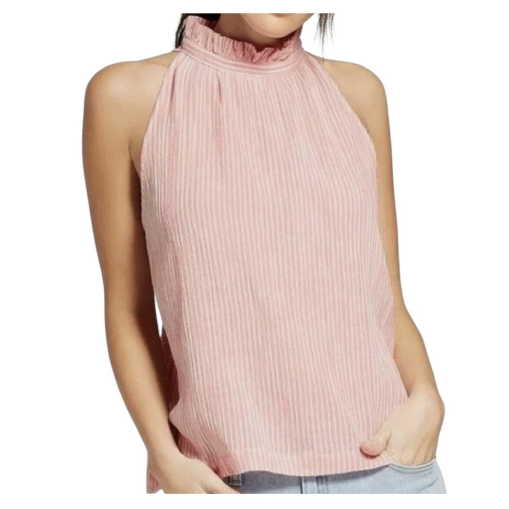 UNIVERSAL THREAD Pink/White Crinkle Tank Top TINY RUFFLE HALTER NECK Coquette M